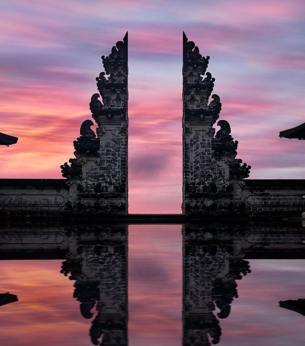 The temple of Lempuyang during a beautiful sunset. On a clear day, Mount Agung can be seen in the background.