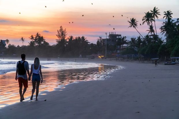 Couple walking down the beach