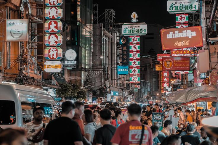 Shot of Chinatown Bangkok at night, where the cheapest accomodations are located