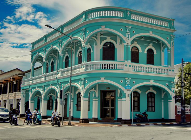 Shot of a blue building from Phuket Old Town