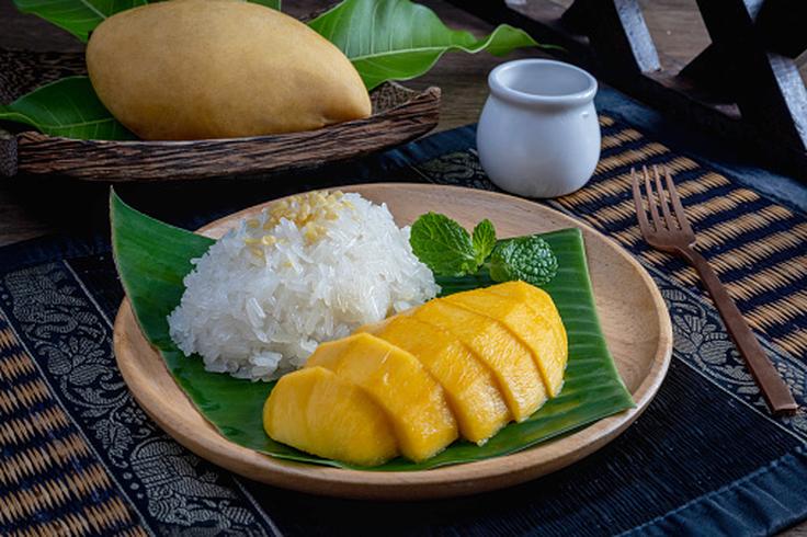 Frontal shot of a Mango Sticky Rice dish