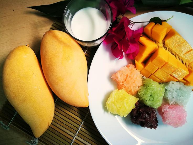 Shot of a mango sticky rice dish