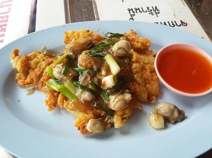 Shot of a oyster omelette from Nai Mong Hoi Thod in Chinatown Bangkok