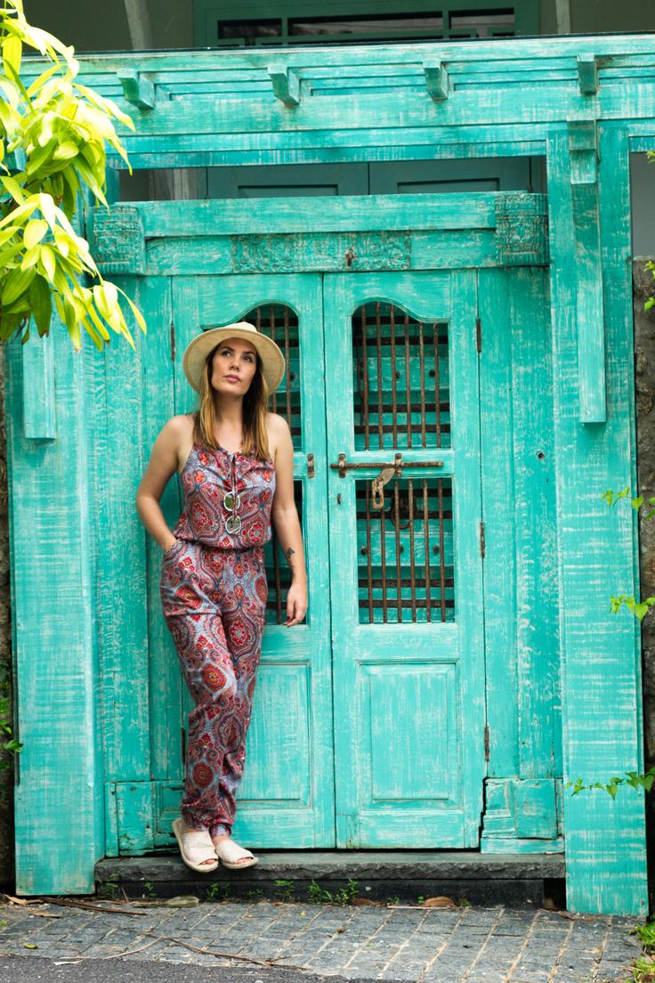 Shot of a girl posing in a colonial building in Phuket Old town