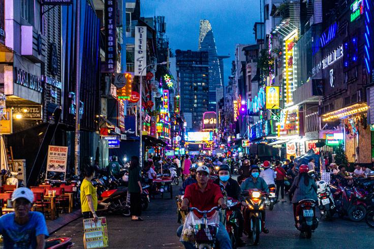 Frontal shot at night of Bui Vien Street on a Friday night