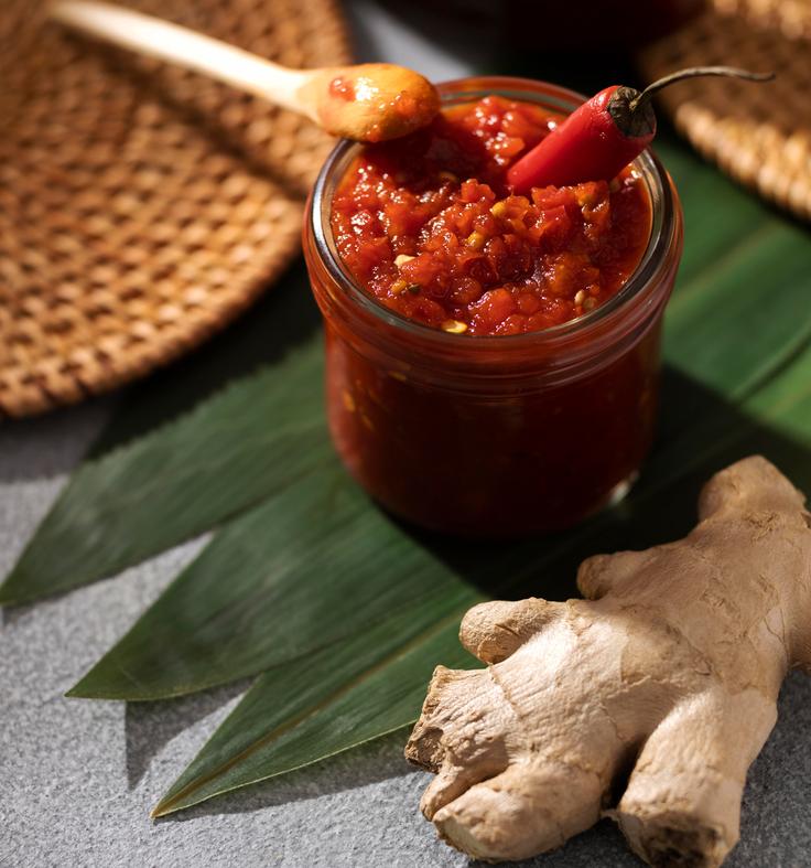 Shot of a Sambal sauce jar made in Bali