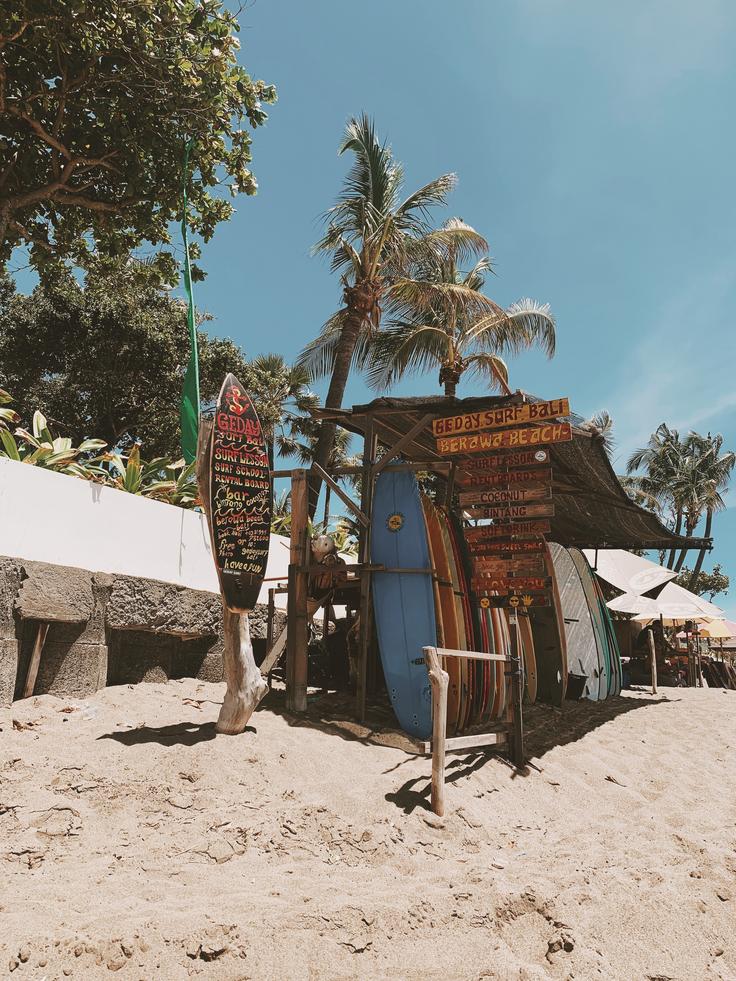 Shot of Surfing boards in Seminyak Beach in Bali