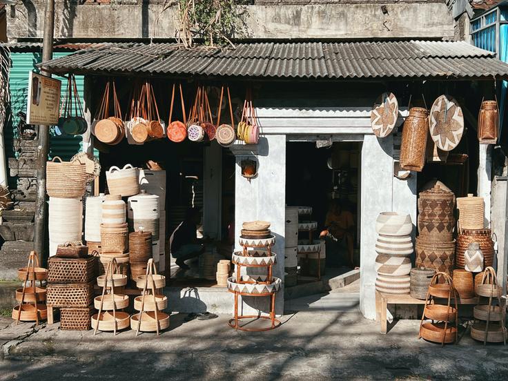 A vibrant snapshot of Bali's local shopping experience, featuring an array of unique and handcrafted items that celebrate the rich cultural heritage of the region