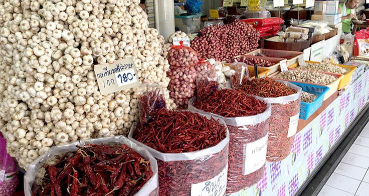 Shot of chillies and spices in a street food market in Thailand