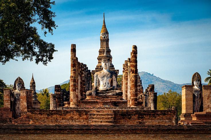 Shot of Buddhas made of stone in Sukhothai, Thailand