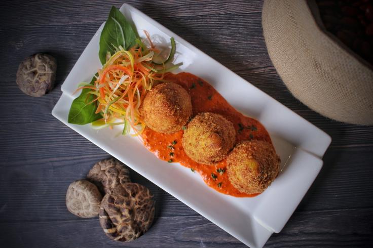 A dish containing deep fried raggu Arancini over typical tomato dip sauce