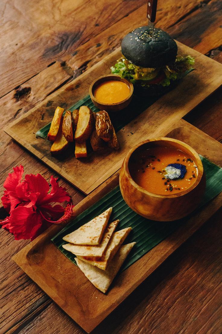 Beautiful Balinese food plate presented on a vibrant table setting