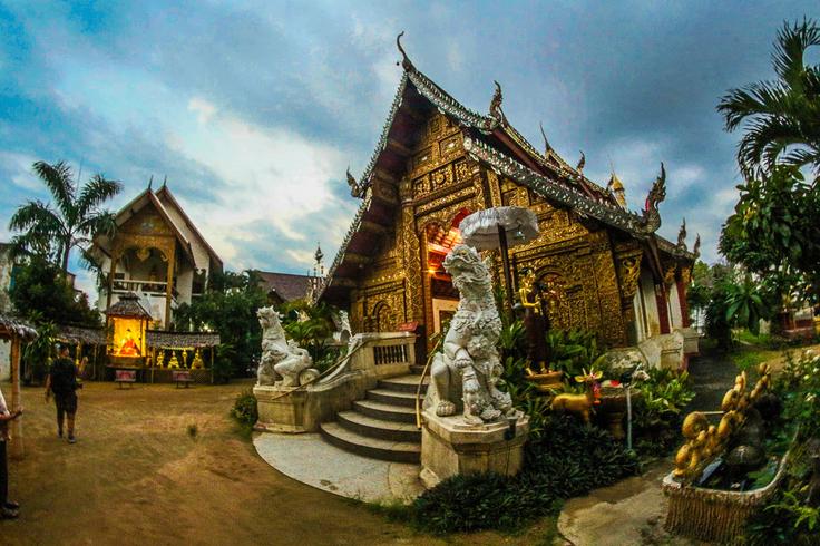 Shot of Wat Cha Man temple right in Chiang Mai Old town